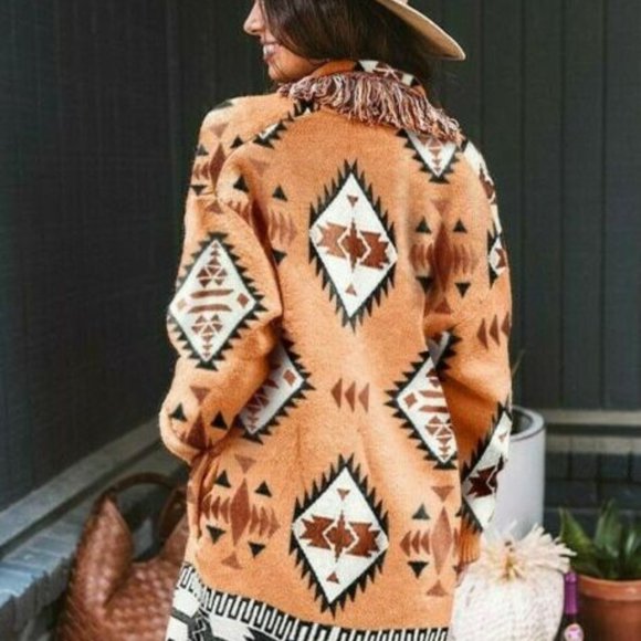New Aztec Western Print Boho Blanket Western Cardigan Sweater - Picture 6 of 8